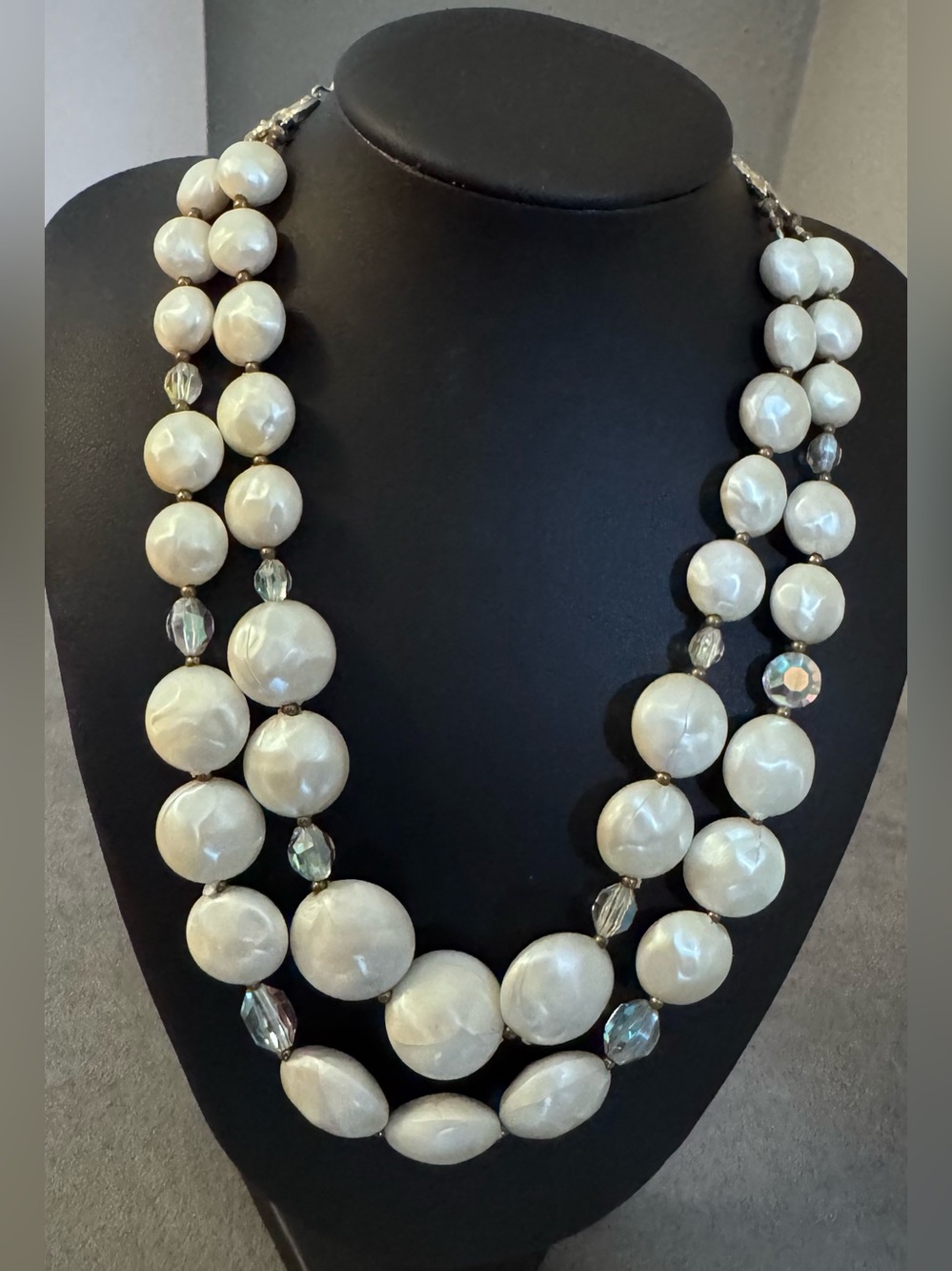 Faux Coin Pearl and Aurora Borealis Beaded Double Strand Necklace 1950s